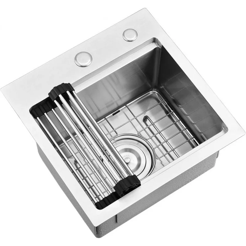 15Lx15Wx9D Stainless Steel-Workstation 15 Inch Bar Sink Drop In -VASOYO 15x15 Small Kitchen In