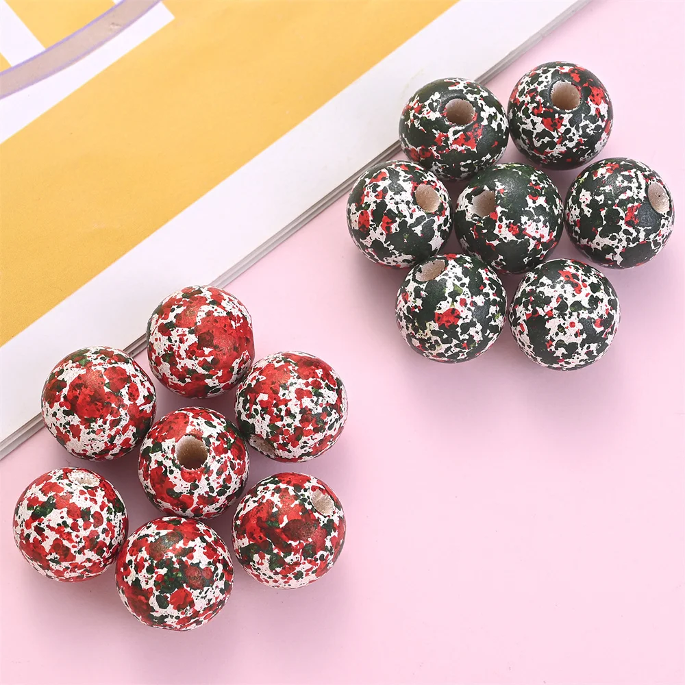 16mm 10 Stück Weihnachts-Holzperlen mit bemaltem Rot-Grün-Splatter-Graffiti, Vintage-Optik, große Löcher für DIY-Bastelarbeiten und Girlandenherstellung – Detail 7