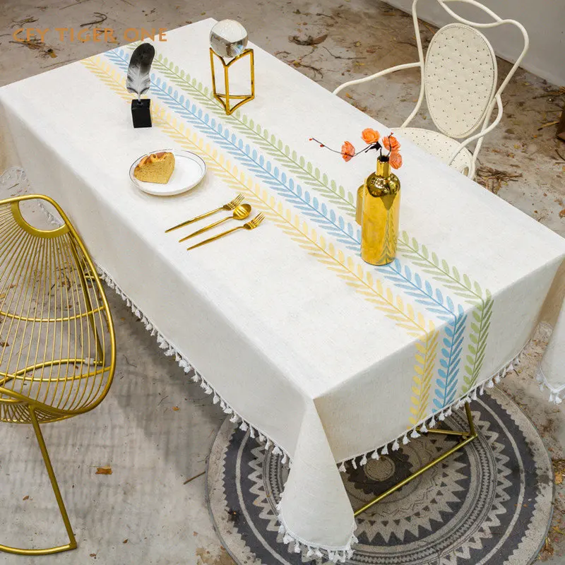 

American Cotton Linen Embroidered Print Tablecloth for Table Decorate Antifouling Rectangular Tablecloth with Tassel Table Cover