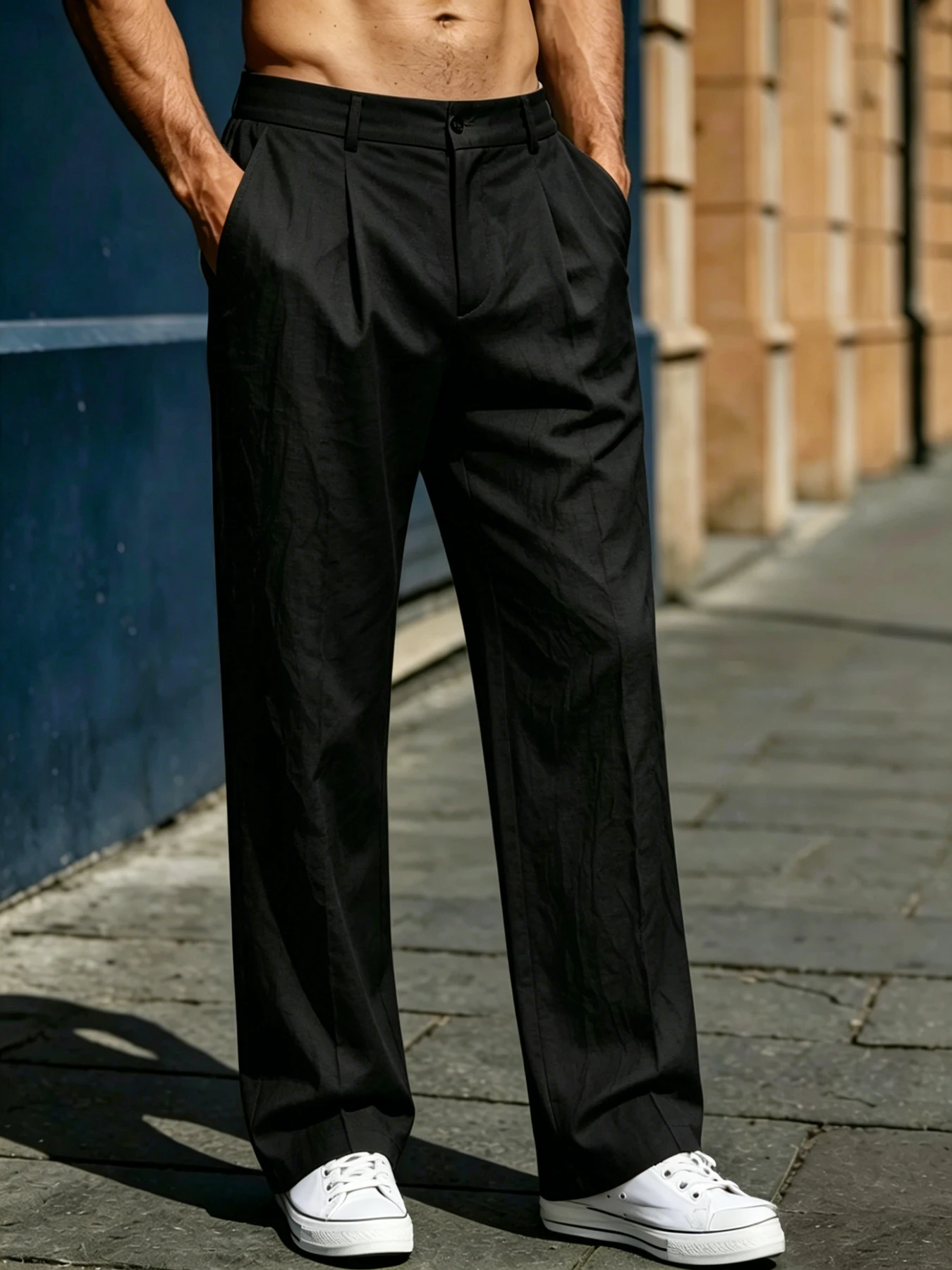Herren Vintage Relaxed High-Waist Weite Beine Gerade Hose mit Drapierung, Knitterresistent, Atmungsaktiv, Lässige Hose für Strandurlaub – Detail 5