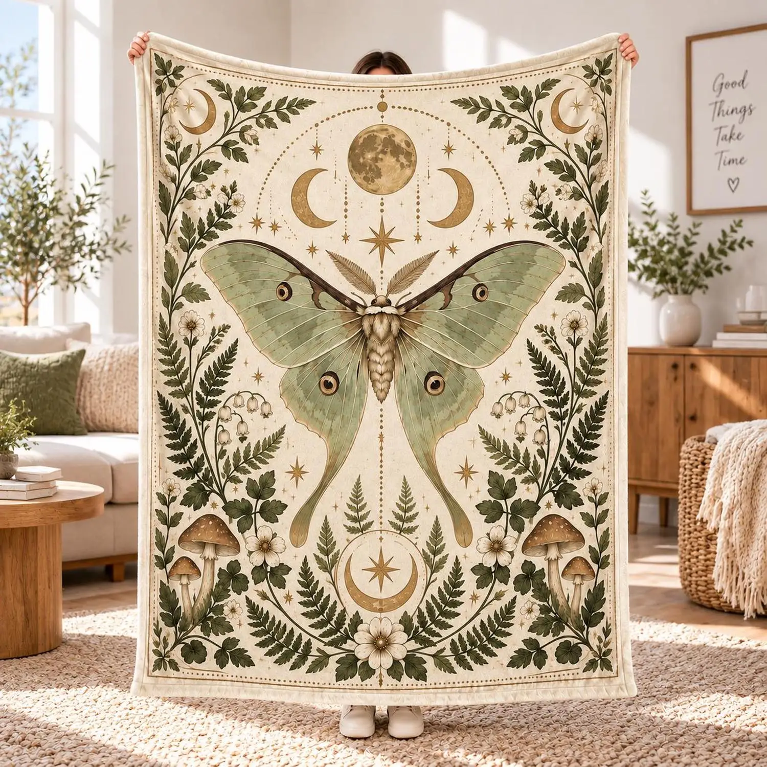 [Flannel Blanket] Moon Moth Blanket, Starry Sky Moon Phases Plant Blanket, Pastoral Natural Style Decoration, a Mysterious Gift for Moth Lovers