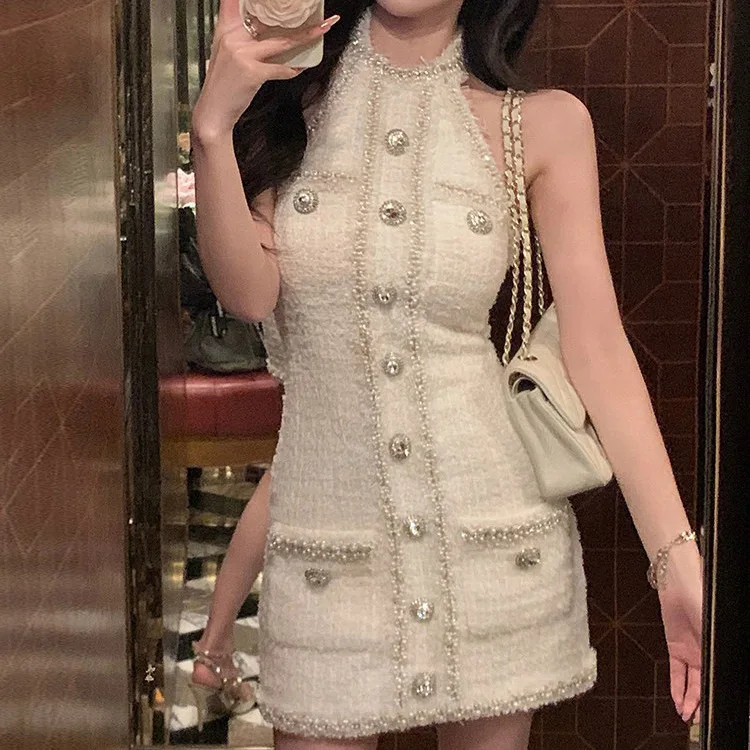 

French Fashion Luxury Beading Autumn Winter Tweed Short Dress Women High Waist Backless Hanging Neck Sexy Party Mini Dress G773