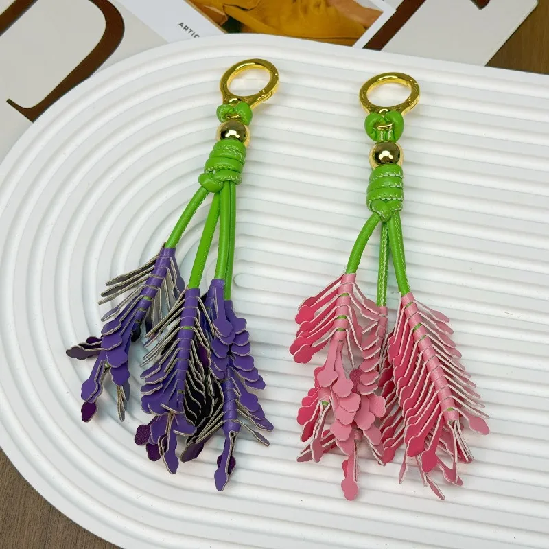 Lavender Flower Bag Charm Premium Handmade PU Leather Pendant Keychain Purse Accessory Luxury Cute Gift Women