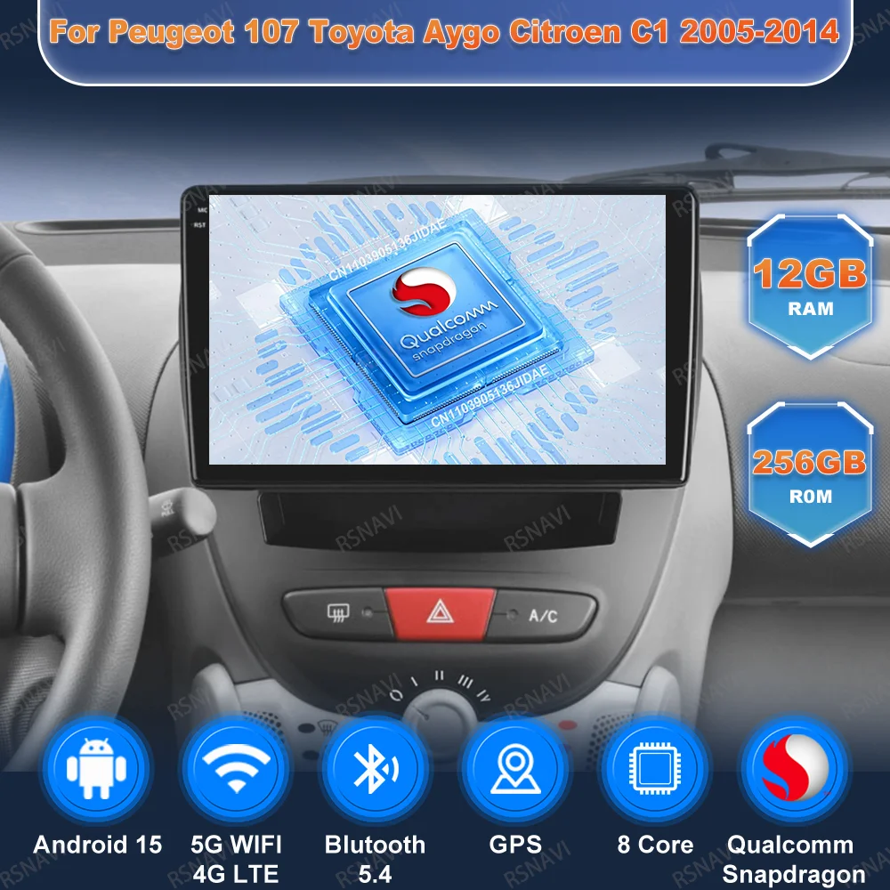 

Car Radio Andoird 15 For Peugeot 107 Toyota Aygo Citroen C1 2005-2014 GPS DSP Viedo Player 4G LTE Multimedia 5G WIFI BT Stereo