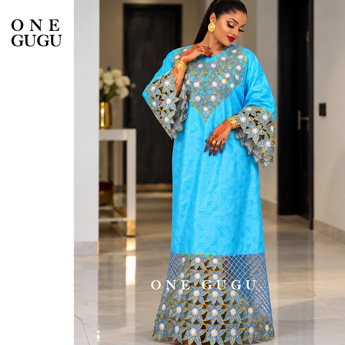 Blue Brocade Basin Dress With Scarf Stones Nigerian Origianl 100% Cotton Bazin Riche Dashiki Wedding Party Bride Long Robe