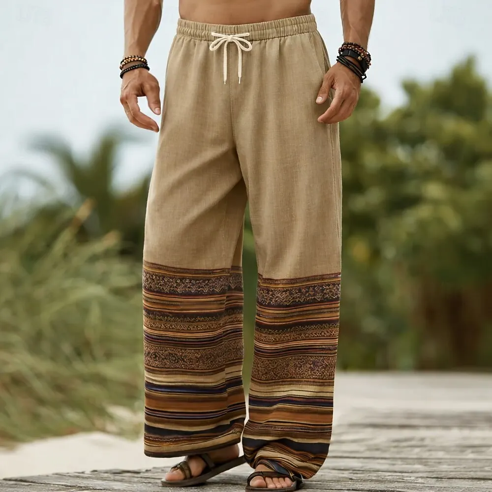 Men's 3D Geometric Ethnic Casual Pants, Baggy Mid Waist Boho Vintage, Elastic Drawstring Waist,Spring Summer