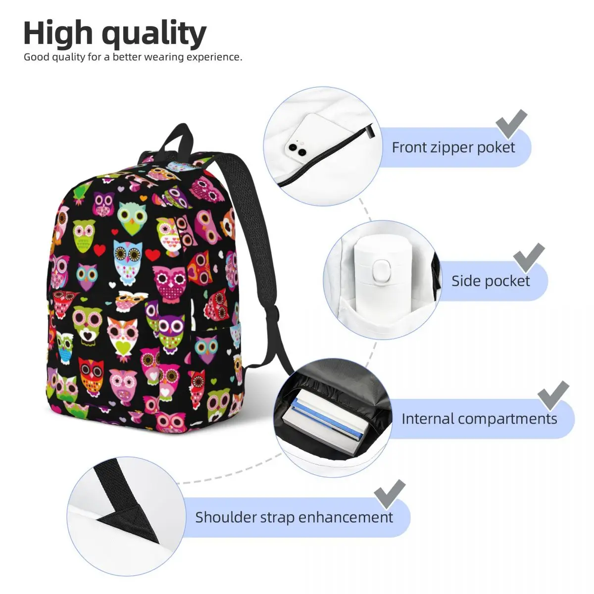 Mochila de lona con diseño de búho y pájaro para niño y niña, morral colorido para guardería, escuela primaria, estudiantes y exteriores