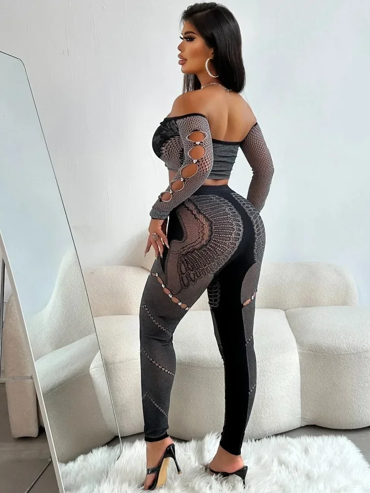 XIZOU Sexy Thick Women 2Piece Set Chic Hollow Rhinestones Slash Neck Crop Tops+Patchwork Leggings Stretch Matching Clubwear