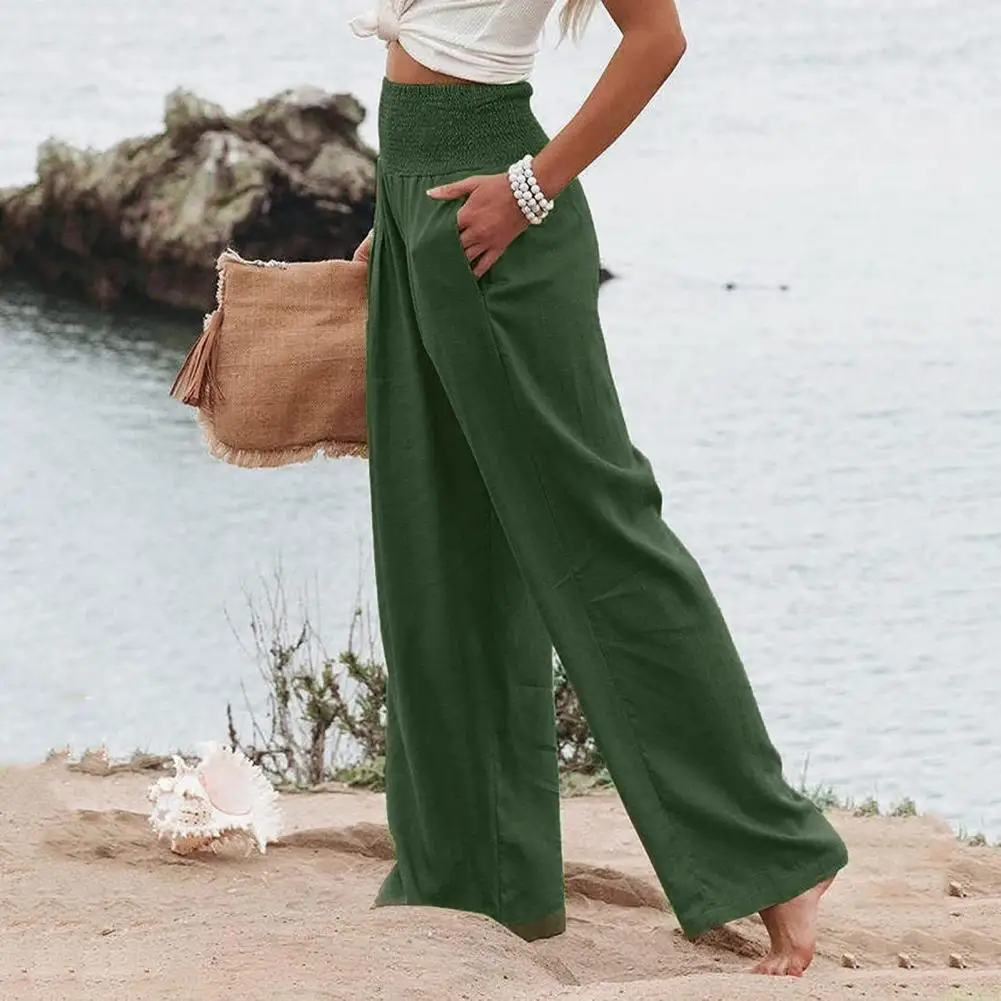 

Elasticated Waist Pants Bohemia Style Pleated Wide Leg Pants for Women High Waist Trousers with Pockets Loose Straight-leg