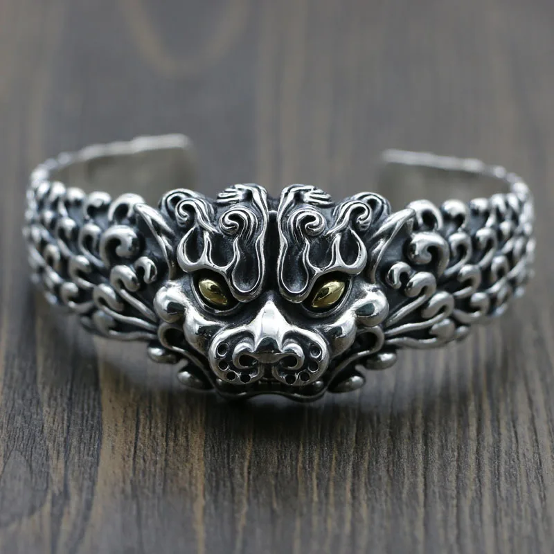 S925 sterling silver antique Chinese style ethnic mythical beast Zhaocai Pixiu exaggerated bold retro wide opening bracelet ring