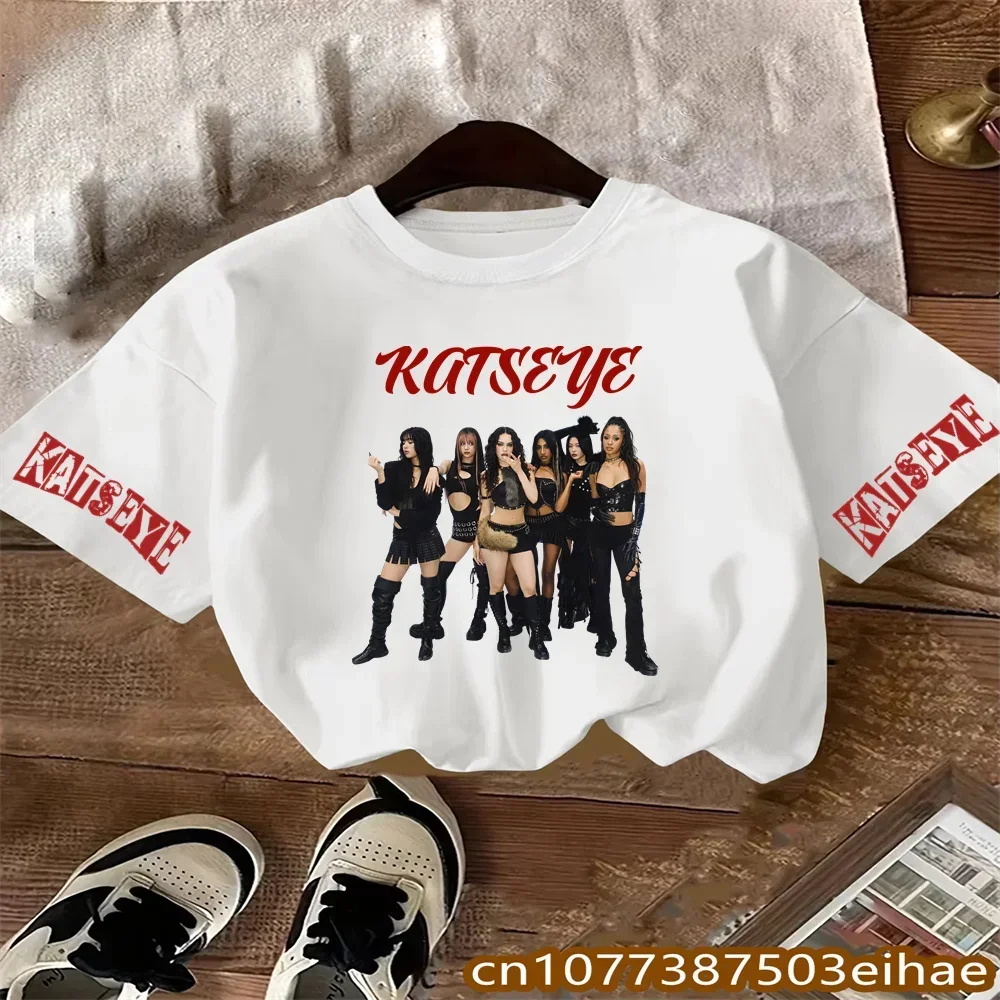 Kpop Fan Collection Wear KATSEYE Character Print Pure Cotton Kids Short Sleeve Shirt Retro Y2K Fan Exclusive Summer