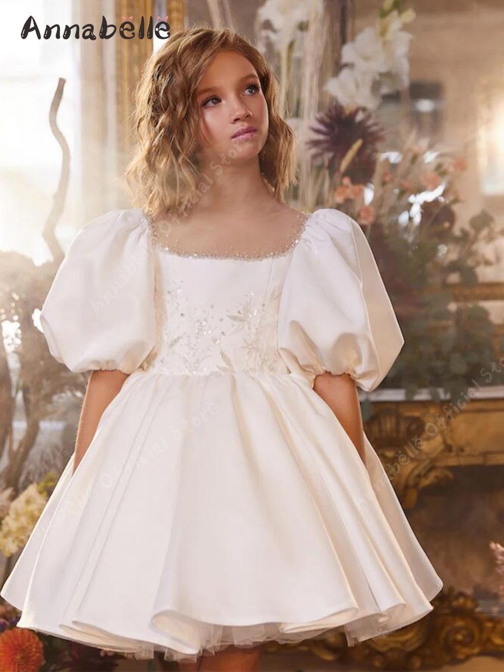 Annabelle-Robe Courte de Princesse pour Fille, Tenue à Col Carré, Manches Bouffantes, pour ixde Mariage, VincFormelle