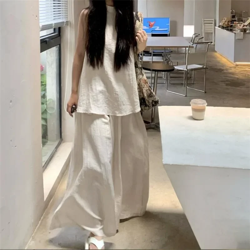 Lazy Style Summer Fashion Two Piece Set Loose O Neck Sleeveless Long Shirt&Casual Wide Leg Pants Sets Black Apricot 2Pc Suits