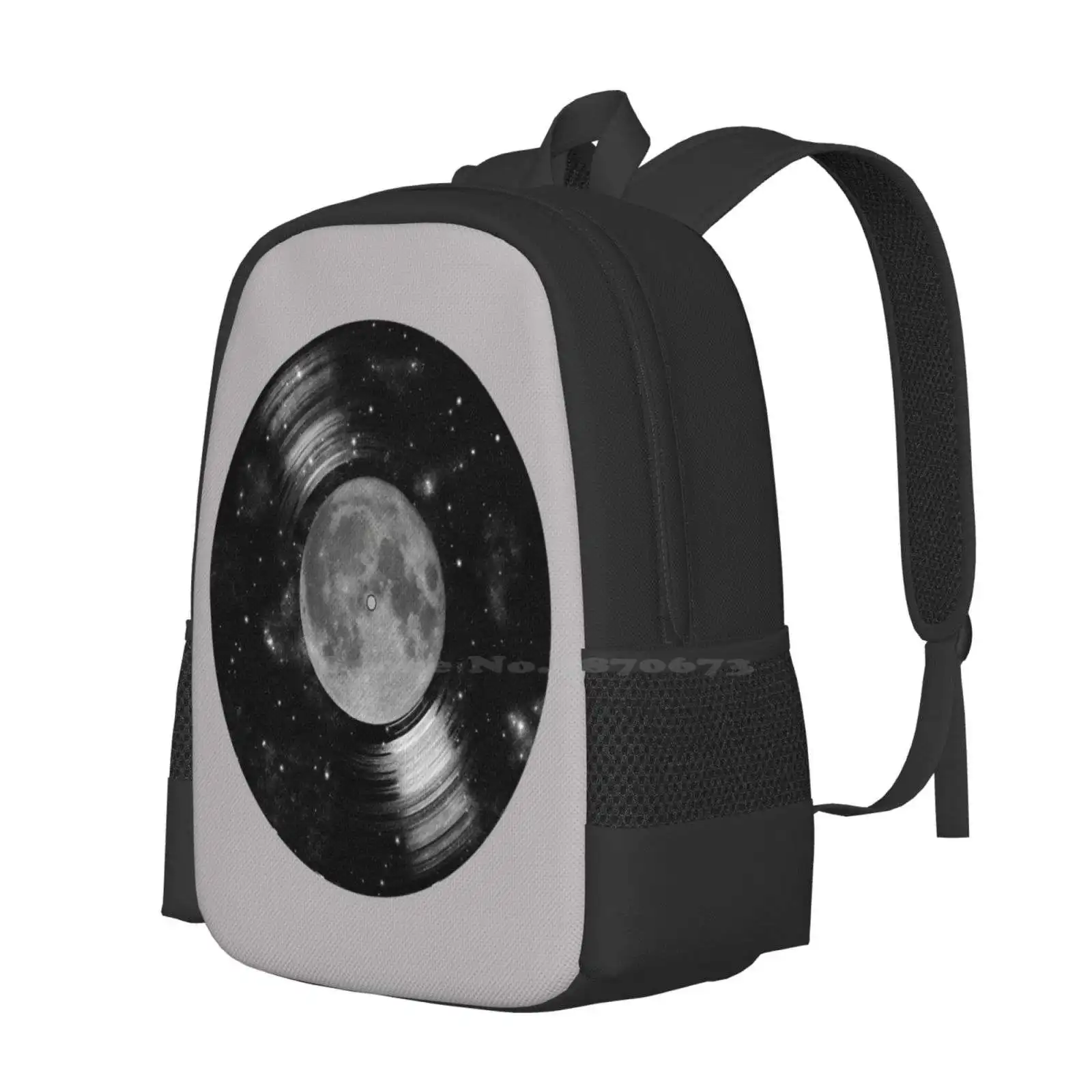 Galaxy Tunes Teen College Student Backpack Pattern Design Bags Music Vinyl Record Moon Space Tunes Song Stars Surreal