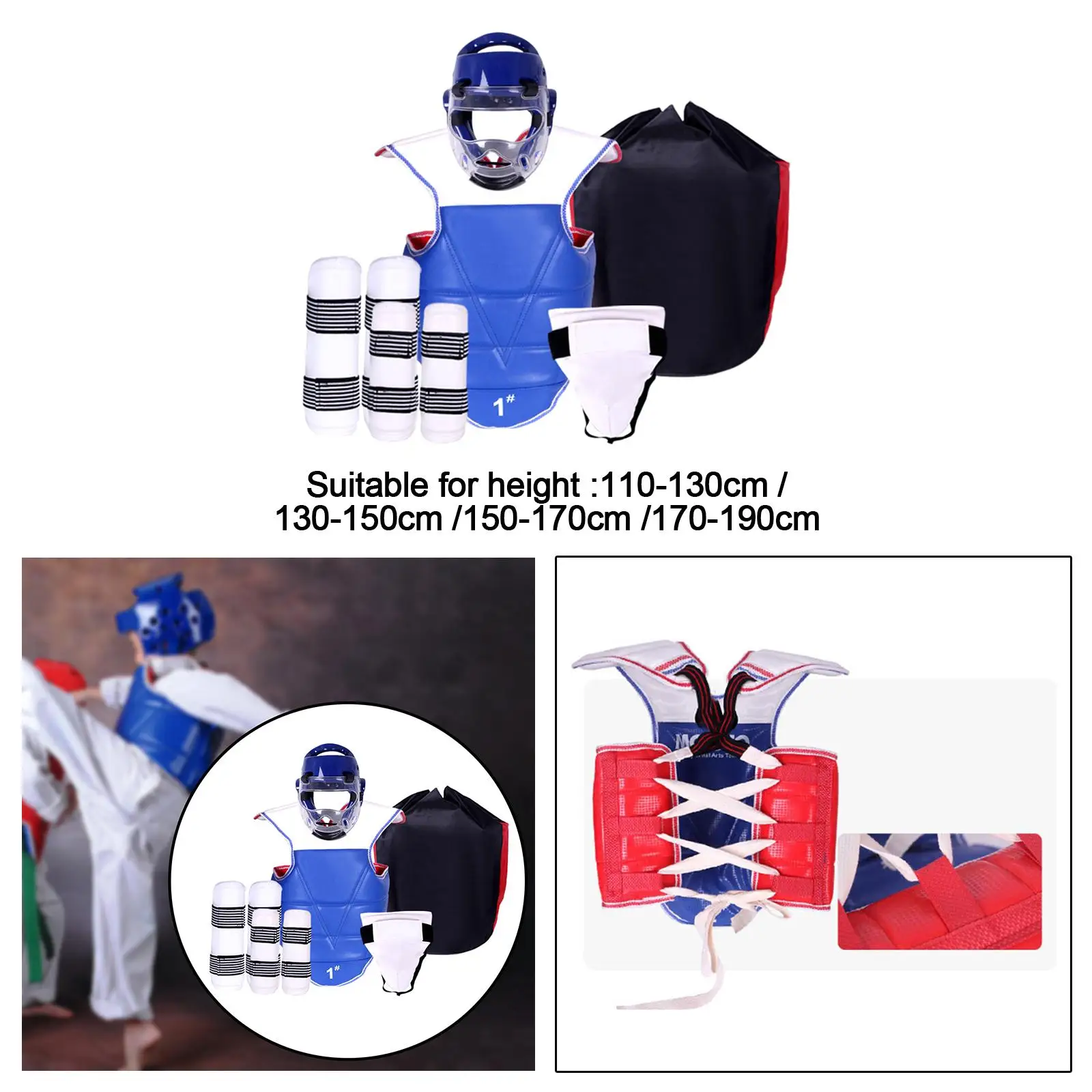 Karate Taekwondo Sparring Chest Guard with Headgear Face Cover Groin Protector Arm Shin Guards for Boxing MMA Training Men