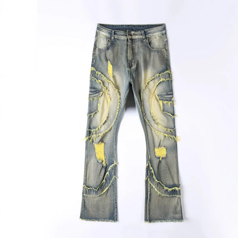 HKSH Spring Autumn New Men Tide Punk Ripped Flare Fringe Stretch Jeans Vintage High Street Denim Pants Patchwork Chic Ins HK9614