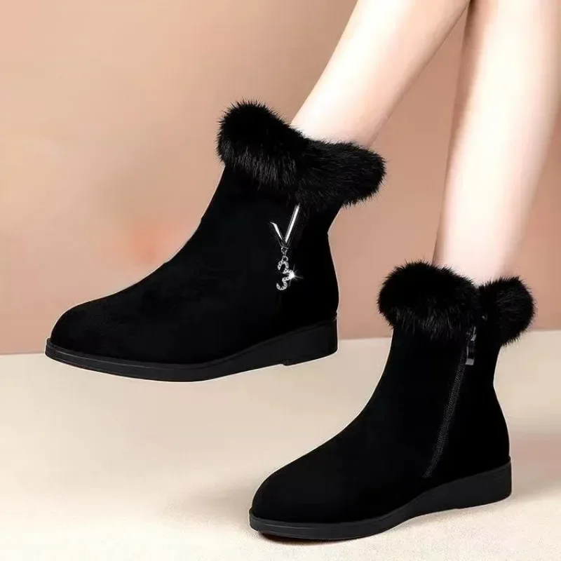 Women's Ankle Boots 2024 New Snow Boots Winter Thick Cotton Shoes Flat Bottom Plush Zipper Warm Comfort Non Slip Cotton Boots