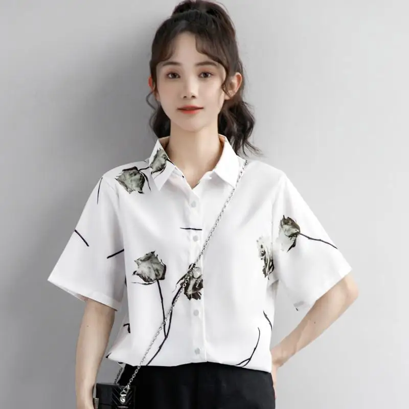 

Summer New Hong Kong Style Polo Shirt White Short-sleeved Shirt for Women Summer Loose ChiffonYY156