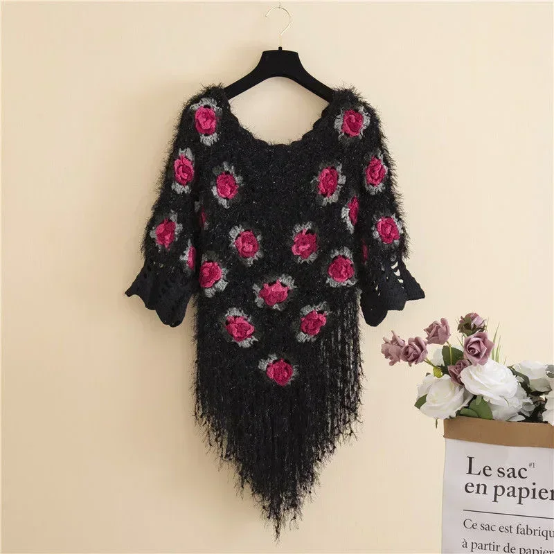knitted Pullovers Roses Hook Flowers women Hollow 3D flower Sweater Tops Blouse