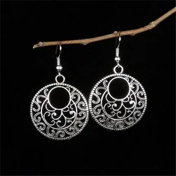 Vintage Bohemian Trendy Jewelry Ethnic Tibetan Silver Long Big Hollow Round Drop Earring Carved Flowers Dangle Earrings Women