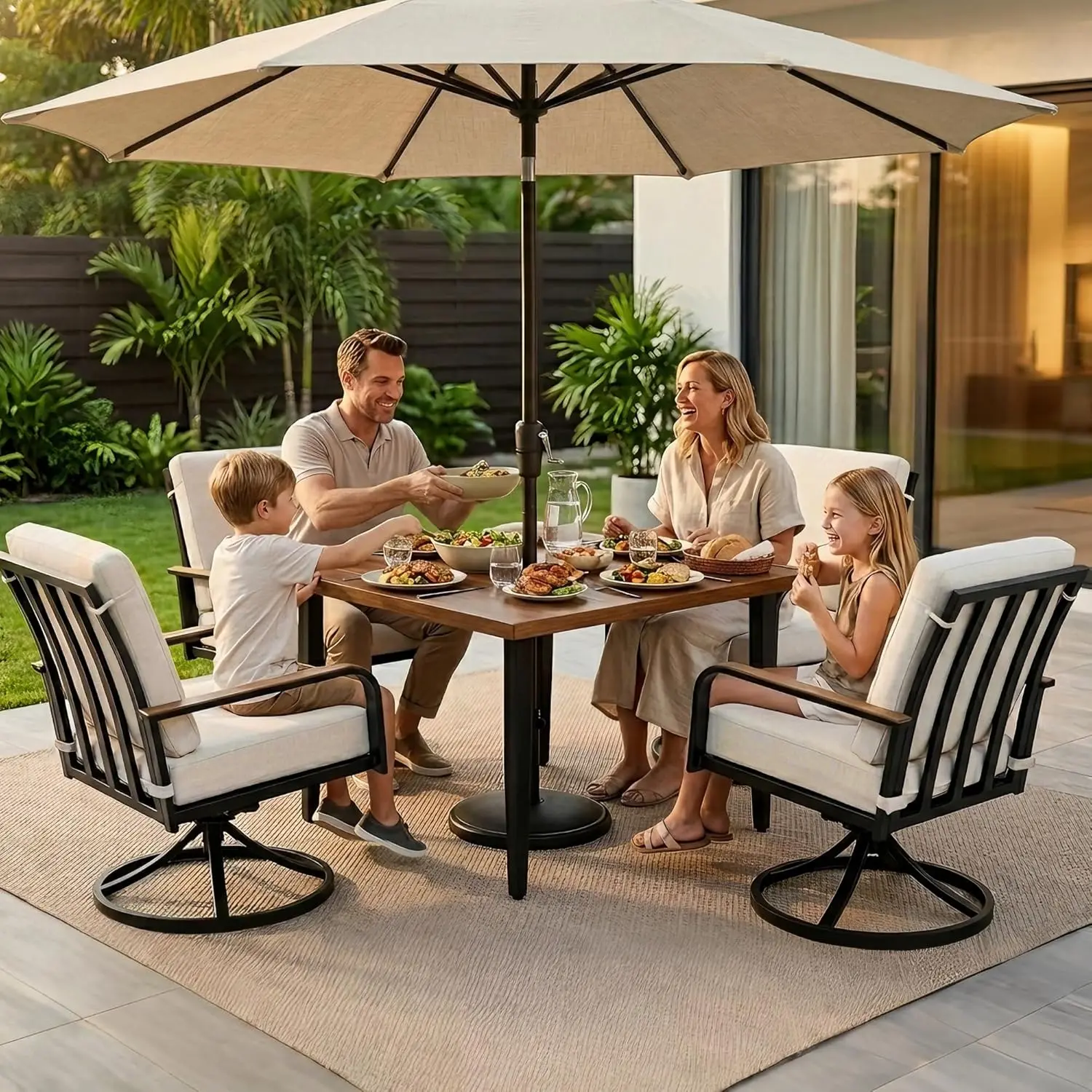 

5 Piece Outdoor Patio Dining Sets, 4pcs Swivel Dining Chairs & Square Woodgrain Dining Table with 1.65”Umbrella Hole, Custom