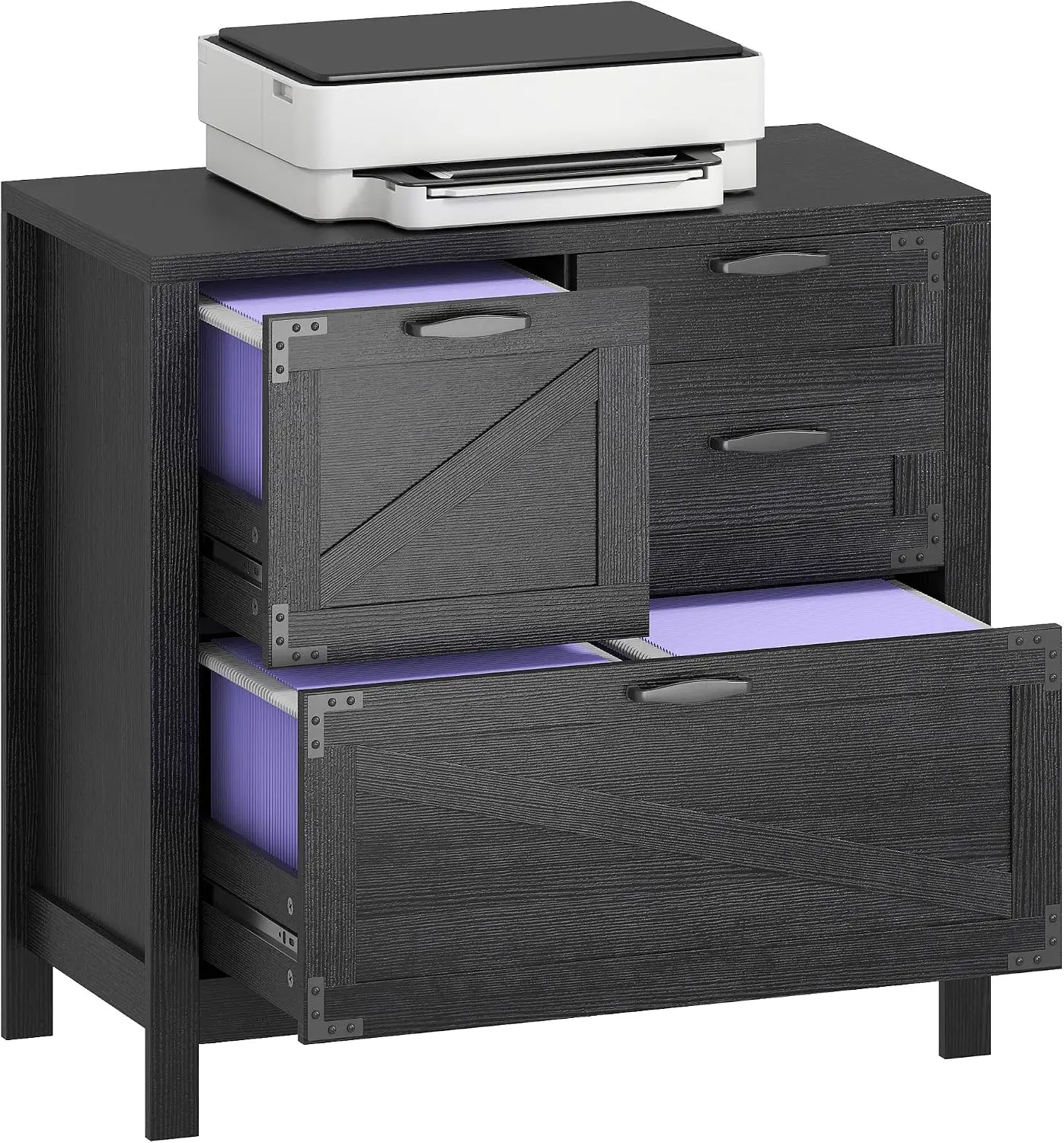 4 Drawer File Cabinet Farmhouse Lateral Filing Cabinet, Black | Adjustable Hanging Rails, for Letter/A4/Legal Size Files, Printe