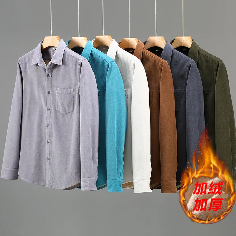 Winter Shirts Men Daily Casual Fleece Warm Man Tops Classic Lapel Corduroy Thickened Shirts with Pocket Simple Versatile Shirt