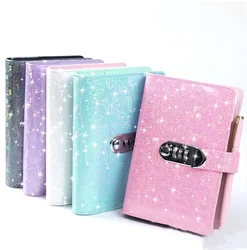 New A6 Laser Coded lock PU Clip-on Notebook Leather Loose Leaf Notebook Cover Notebooks Journal Kawaii Stationery