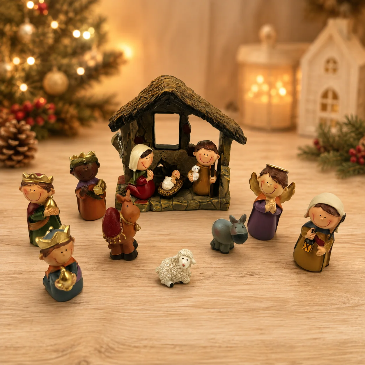 Mini Christmas Nativity Set Resin Figurines with Stable Holy Family Wise Men Angel Sheep Donkey Religious Holiday Home Decor