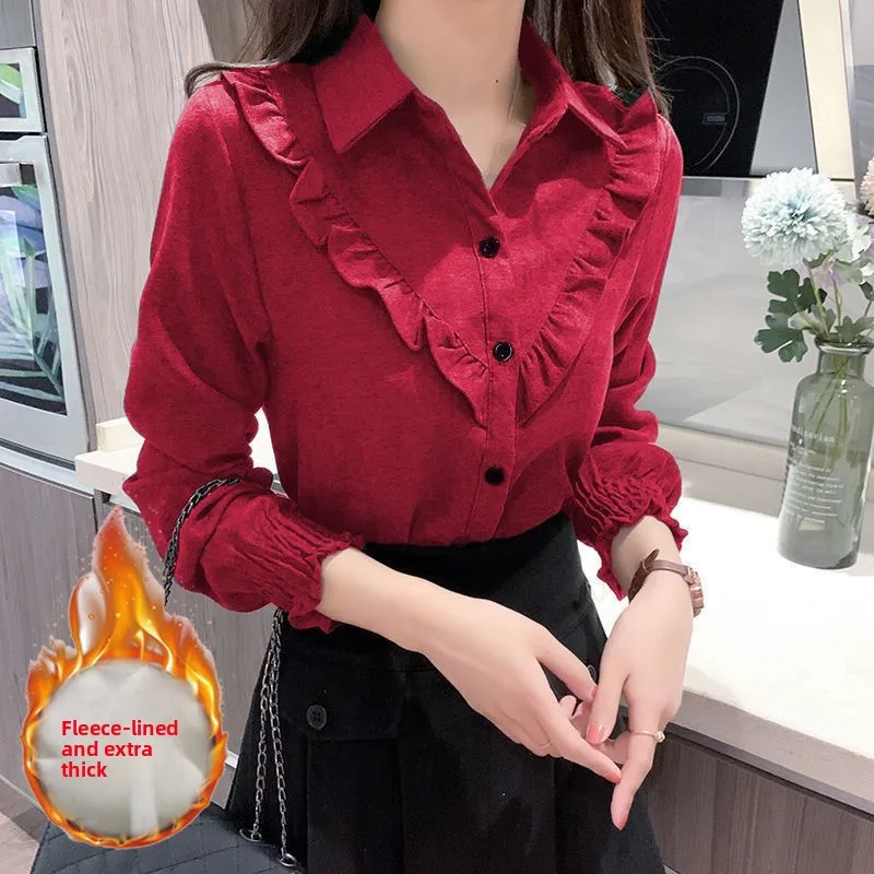 

Korean Style Fleece Lined Thickened Long Sleeve Women's Shirt Casual Chic Corduroy Button up Top for Autumn Season