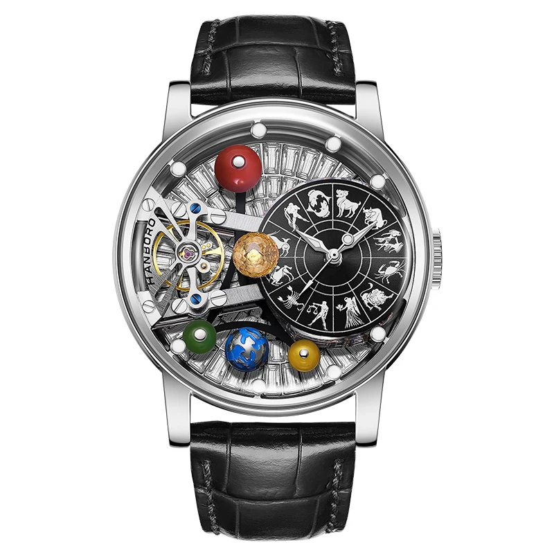 HANBORO Men Automatic Watch Mechanical Wristwatch 5ATM Rotatable Crystal Backgroud Luminous Constellation Dial Floating Globe