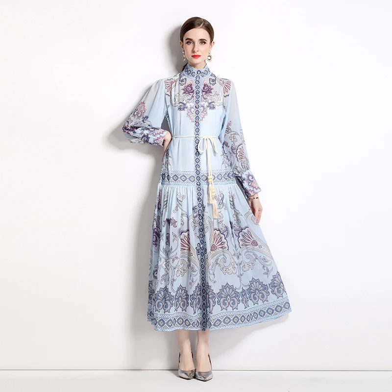 

2023 New Fashion Printed Dress Women's Autumn Versatile Standing Neck Long Sleeve Loose Fit Casual Holiday Dress Vestidos