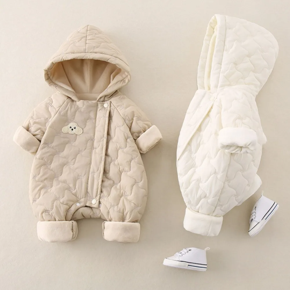 AYNIGIELL Late Autumn Early Winter Baby Jumpsuit Thick Warm Infant Hooded Inside Fleece Rompers Newborn Cotton-padded Clothes