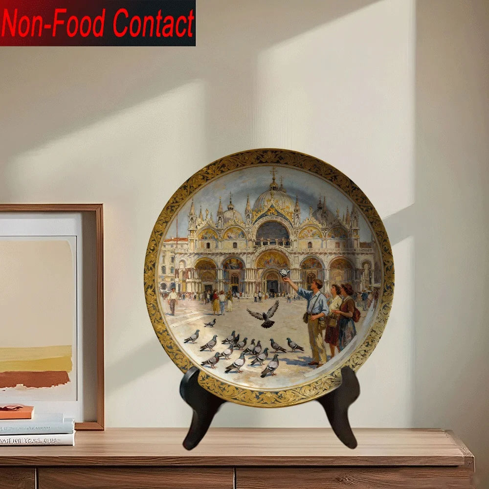 1pc Venetian St. Mark'S Square Ceramic Decorative Plate - Non-Food Contact, Classic Round Tabletop Art for Home, Office, or
