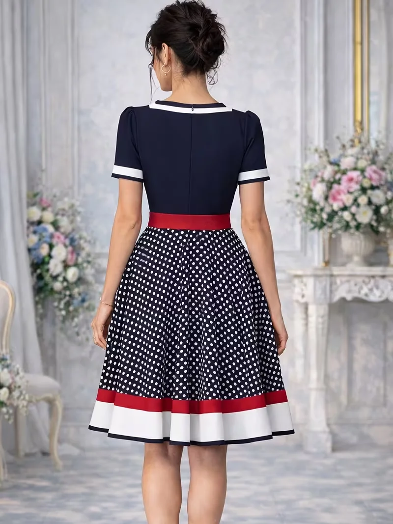 Womens Short Sleeve Vintage 1950s Polka Dot Square Neck Colorblock Rockabilly Fit And Flare Skater Swing Dress With Belted
