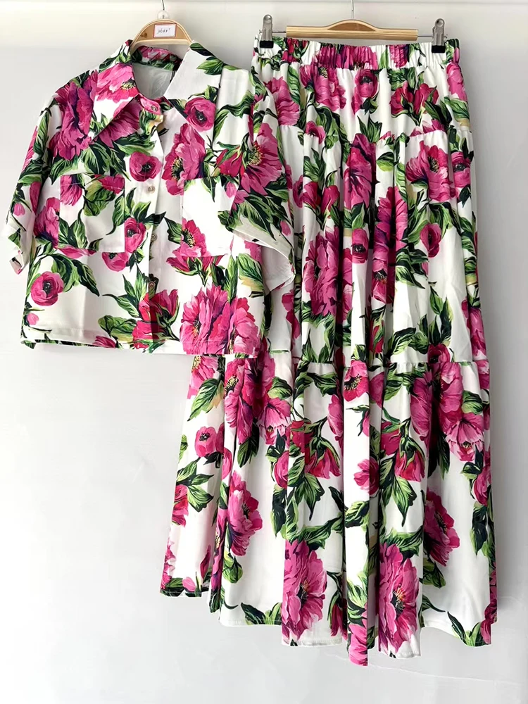 2026 Summer Women's Clothing Retro Printed Lapel Short Shirt Two-piece Set + Loose Large Size Smocked Skirt Fashion Suit