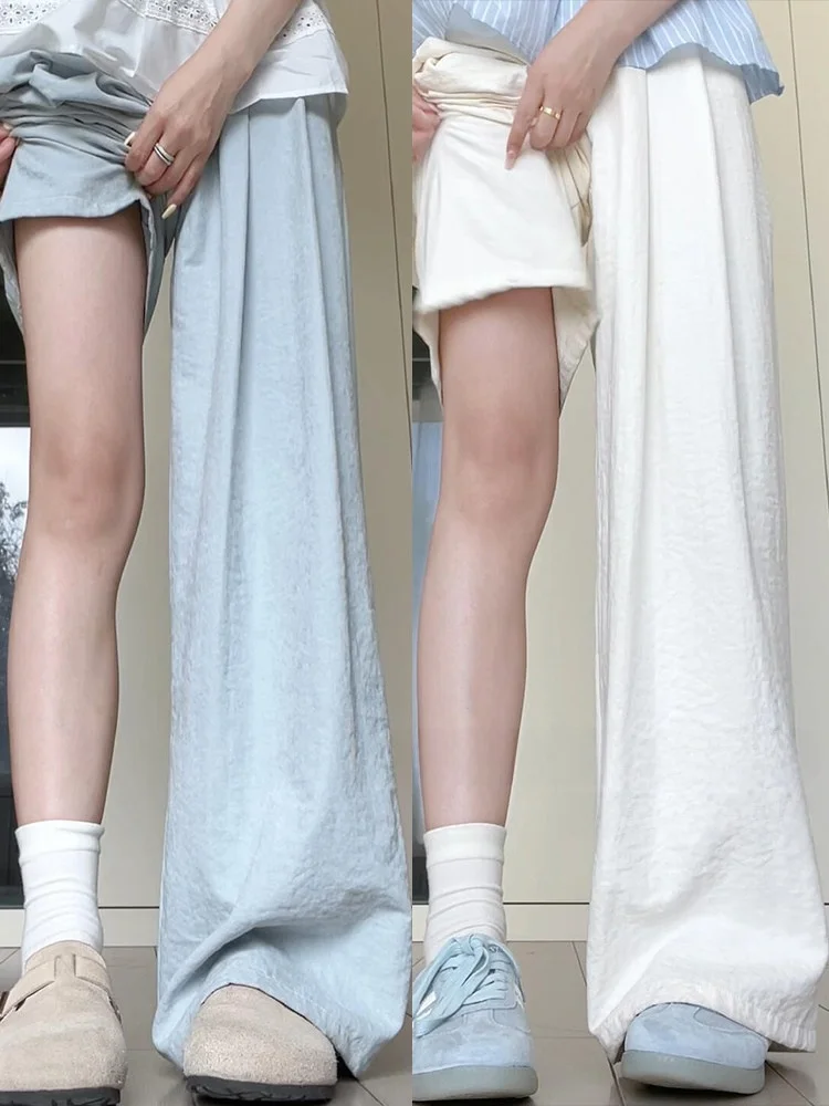 White Nafu Samba Women's Summer Thin New High Waist Lazy Casual Drape Texture Wide Leg Pants Commute Style High Waist Elastic