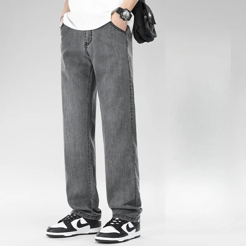 

Мужские тонкие джинсы из лиоцелла, новинка лета 2025 г., свободные прямые брюки-трубы, светло-серые широкие повседневные брюки