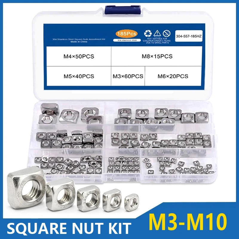 

185pcs DIN557 Square Nuts Kit Stainless Steel M3 M4 M5 M6 M8 M10 Mixing Metric Square Nuts Set Four-sided Nuts Box