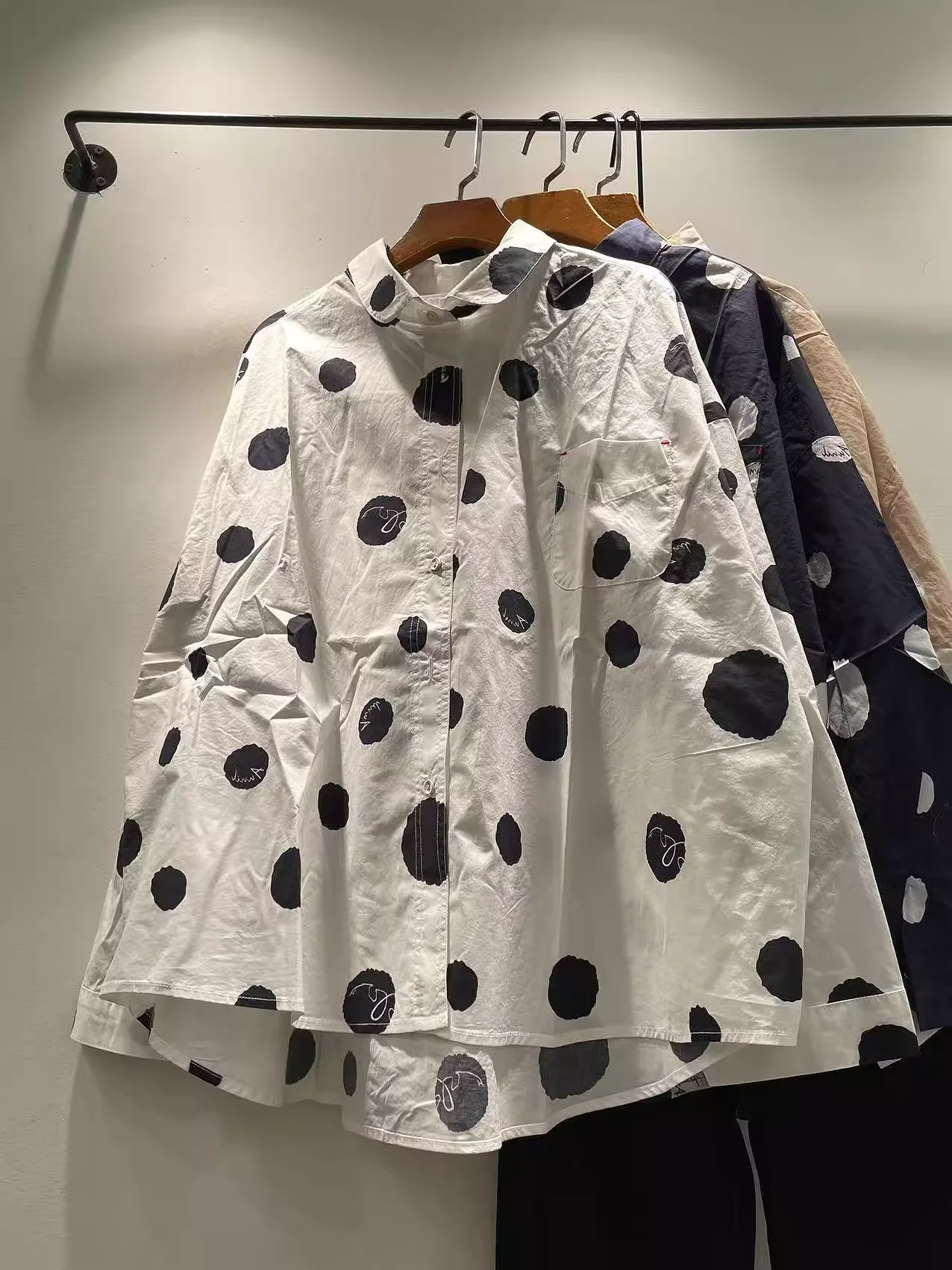 

Enianechu Bust 140cm Plus Size Women Oversized Shirts 100% Cotton White Khaki Navy Blue Polka Dot Print Long Sleeve Blouses