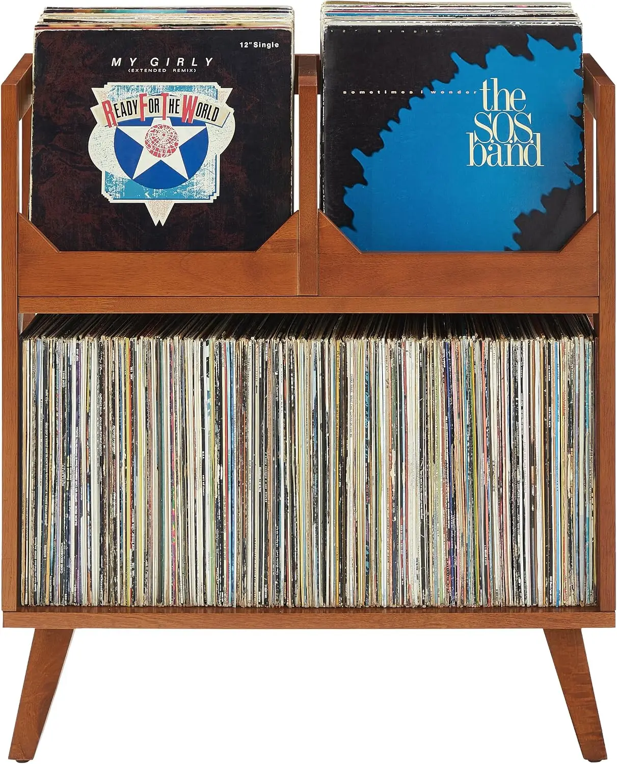 Walnut Freestanding Vinyl Record Stand, Storage Cabinet Holds 260 Records for Record Collection Organization