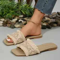 Women Summer Straw Woven Casual Slippers Outdoor Espadrille Flip-flops Fashion Flat Ladies Sandals and Slippers Large Size 43