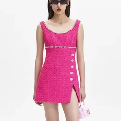 Women Top Quality Latest 2024 Spring Collection Rose Pink Diamonds Beading Side Slit Asymmetrical High Waist Mini Tank Dresses