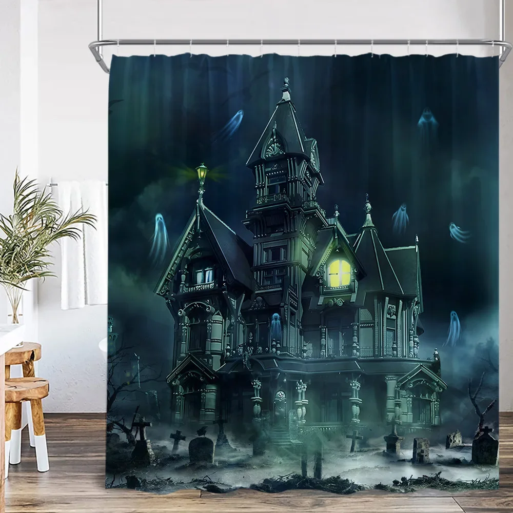 Haunted Mansion Shower Curtain Scary House Full Moon Night Spooky Gothic Castle Bathroom Decor Halloween Bath Curtain with Hook