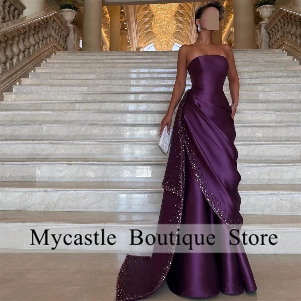 

Customized Purple Satin Strapless Sleeveless Evening Dress High Quality Prom Dresses Delicate Crystal Bridal Party Gowns