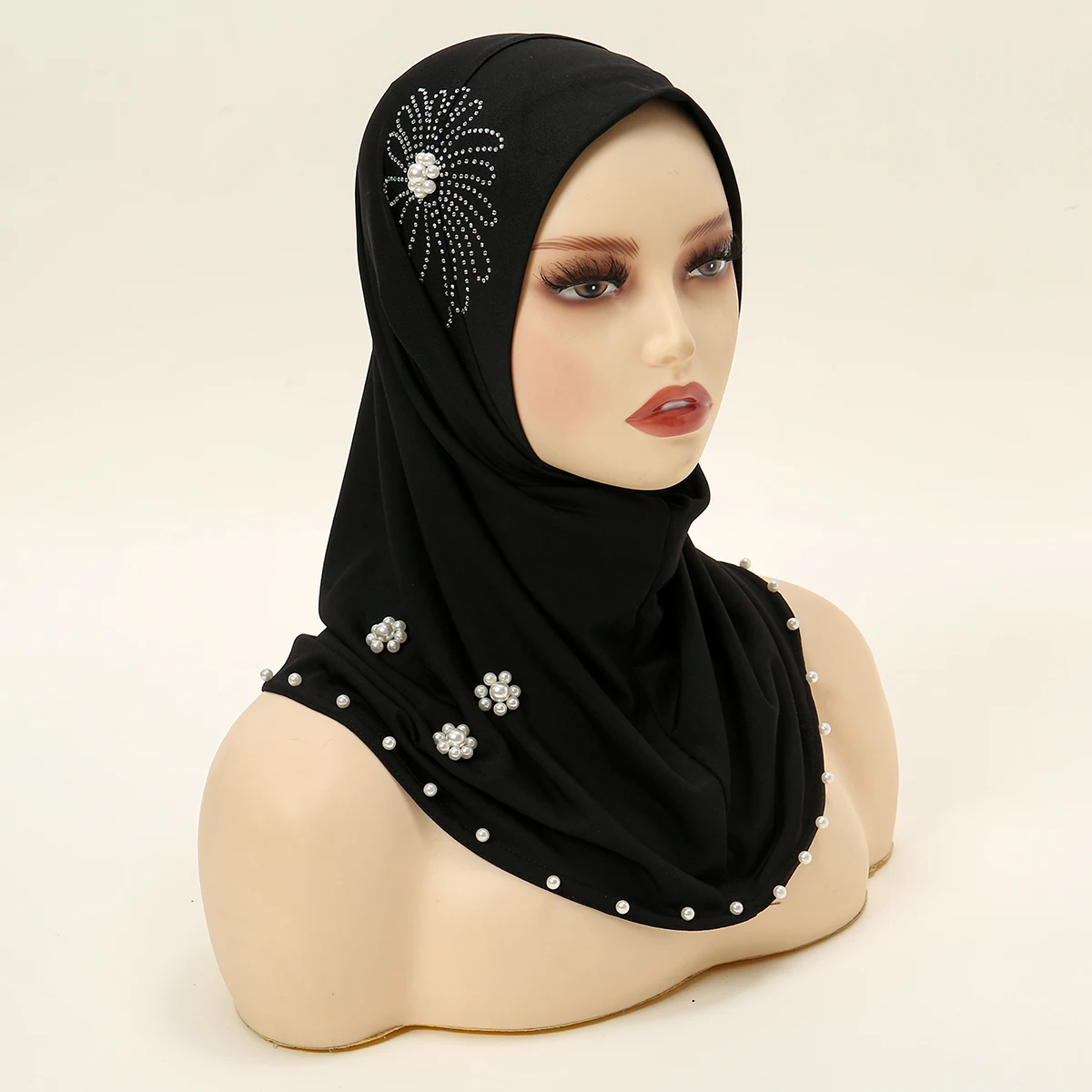 Black Inner Scarf With Bead Hat Tube Undercap Women Fashion Muslim Elastic Hijab Pullover Basic Caps