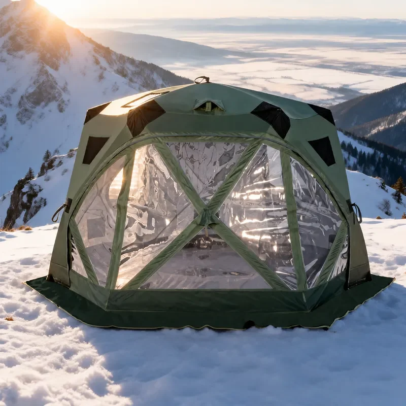 Large Hexagonal Quick Open Tent with Viewing Window Thickened Windproof Warm Shelter for Camping Ice Fishing Four Seasons Use