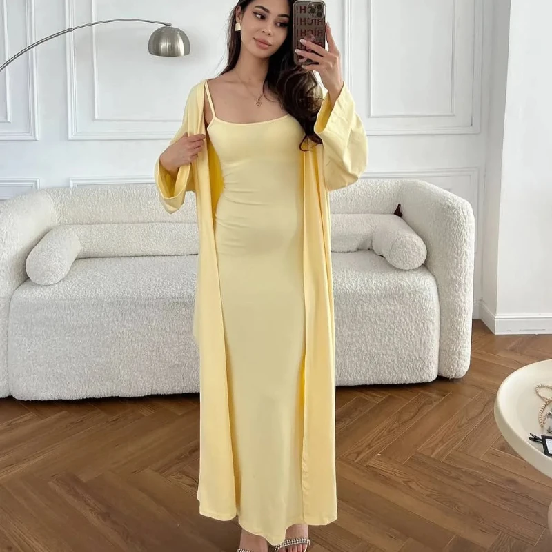 

Autumn Sexy Temperament Slim Fit Solid Sleeveless Suspender Dress Hip Wrap Long Style Cardigan Lazy Coat Two Pieces Wom Clothing