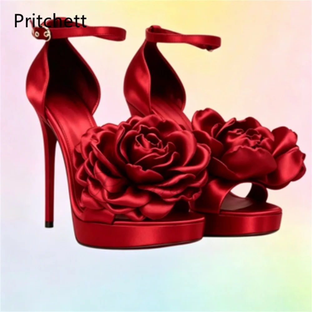 Red Black Satin Flowers Sandals for Women Elegant Platform Open Toe Ankle Strap Stiletto High Heels Elegant Wedding Party Shoes