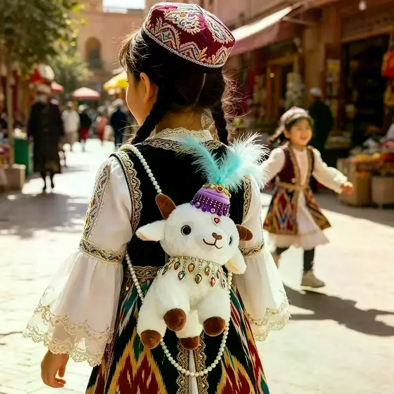 1Pcs Ethnic Style Plush Lamb Kids Backpack Soft Fluffy Fabric Pearl Strap For Travel Daily Outings Cultural Events